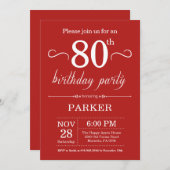 80th Birthday Invitation Red Kaart (Voorkant / Achterkant)