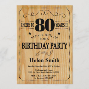 80th Birthday Invitation Rustic Wood Kaart
