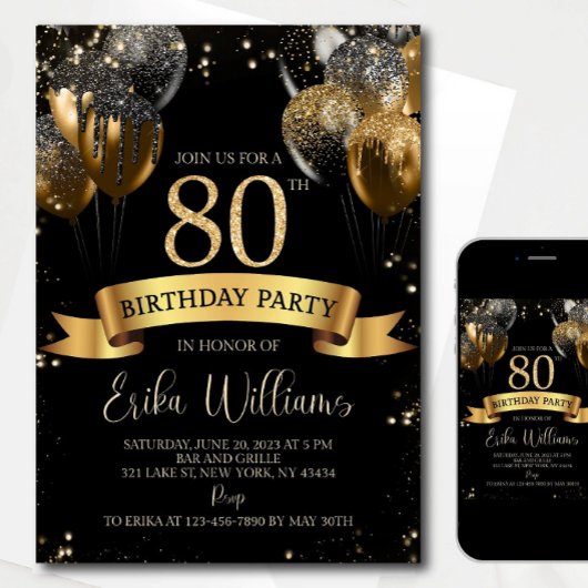 80th Birthday Invitation Template: Black Gold Ball