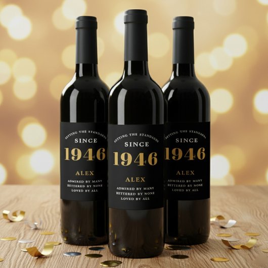 80th Birthday Name 1946 Black Gold Elegant Chic Wijn Etiket