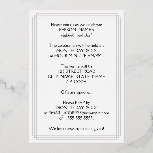 80th Birthday Party — Elegant Script + aangepaste Folie Uitnodiging (Achterkant)