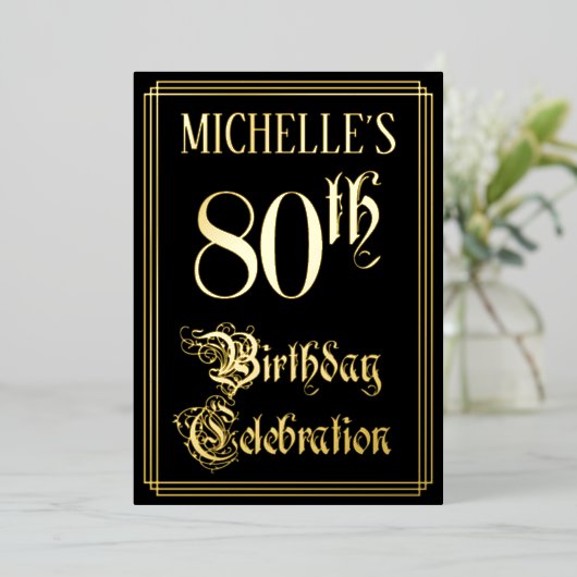 80th Birthday Party — Fancy script & aangepaste na Folie Uitnodiging (Staand Voorkant)