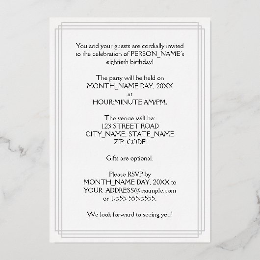 80th Birthday Party — Fancy script & aangepaste na Folie Uitnodiging (Achterkant)