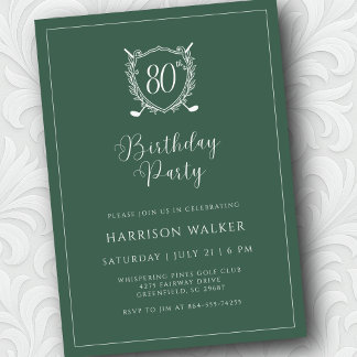 80th Birthday Party Golf Crest Elegant Script Sage Kaart