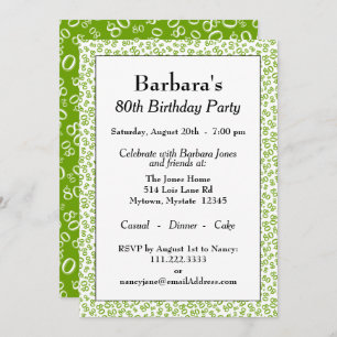 80th Birthday Party Green and White Number Pattern Kaart