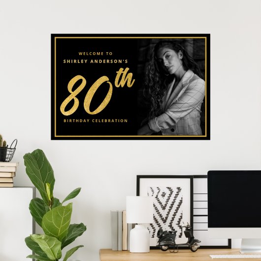 80th Birthday Photo Black Faux Gold Leaf Elegant Poster (Thuiskantoor)