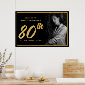 80th Birthday Photo Black Faux Gold Leaf Elegant Poster (Keuken)