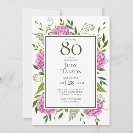 80th Birthday Pink Hydrangeas Card Request  Kaart (Voorkant)