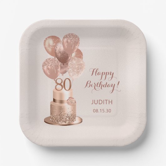 80th Birthday Roos Gouden Cake Papier Bord (Voorkant)