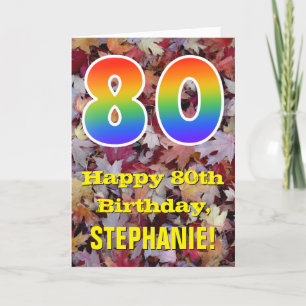 80th Birthday; Rustic Autumn Leaves; Rainbow "80" Kaart