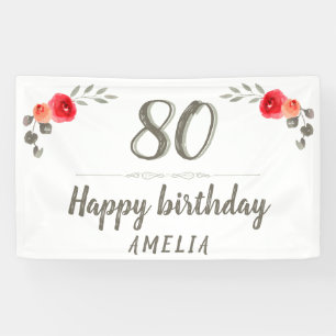 80th Birthday Script Waterverf Roos Floral Party Spandoek