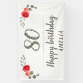 80th Birthday Script Waterverf Roos Floral Party Spandoek (Verticaal)