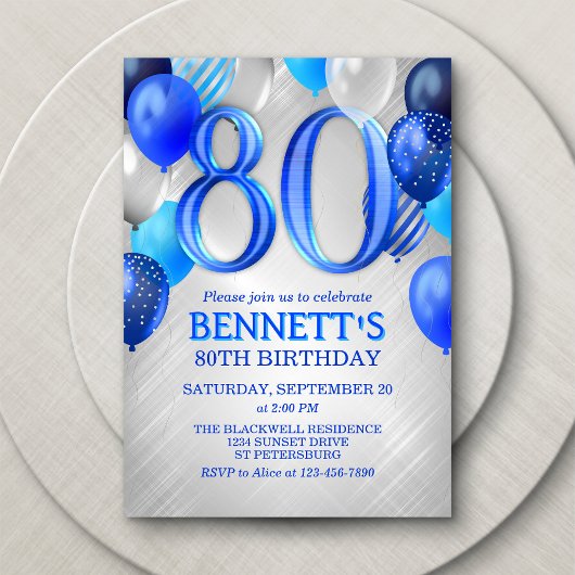 80th Mens Blue Anniversaire Invitation