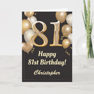 81e Birthday Black en Gold Balloons Confetti Kaart
