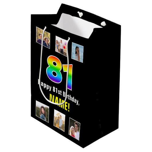 81e verjaardag: Regenboog "81", aangepaste foto's  Medium Cadeauzakje (Voorkant Gekanteld)