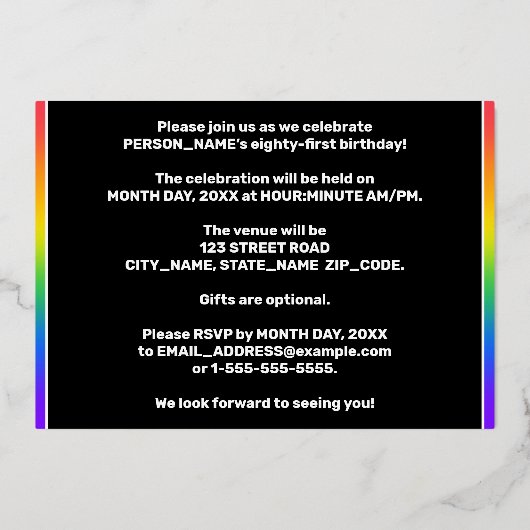 81ste verjaardag — Fun, kleurrijke Fireworks-look Folie Uitnodiging (Achterkant)
