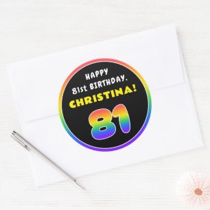 81ste verjaardag: kleurrijke regenboog # 81, Naam  Ronde Sticker