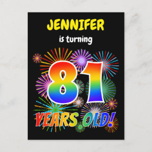 81ste verjaardag - vuurwerk, regenboogblik "81" briefkaart