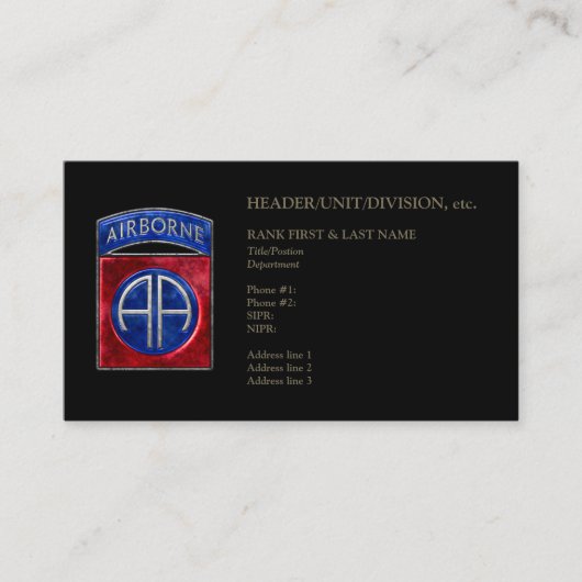 82e Airborne Zwart Visitekaartje (Voorkant)
