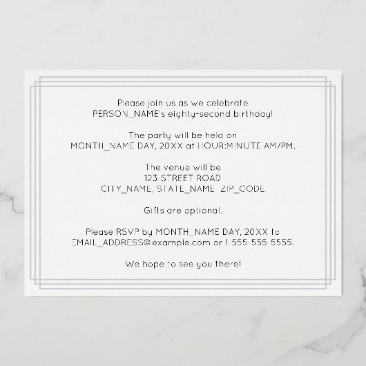 82e verjaardag — Art Deco Style "82" + Naam Folie Uitnodiging (Achterkant)