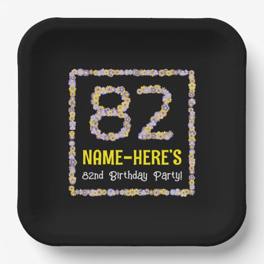 82e verjaardag: Floral Flowers Number, Custom Name Papieren Bordje (Voorkant)