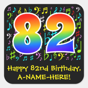82e verjaardag: Kleurrijke muzieksymbolen, regenbo Vierkante Sticker
