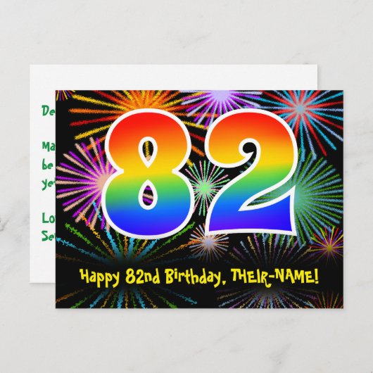 82e Verjaardag – Leuk Vuurwerk Patroon + Regenboog Briefkaart (Voorkant / Achterkant)