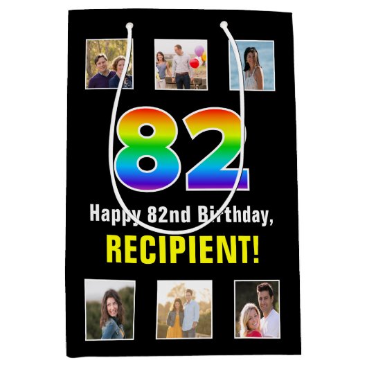 82e verjaardag: Regenboog "82", aangepaste foto's  Medium Cadeauzakje (Voorkant)