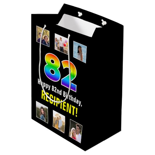 82e verjaardag: Regenboog "82", aangepaste foto's  Medium Cadeauzakje (Achterkant Gekanteld)