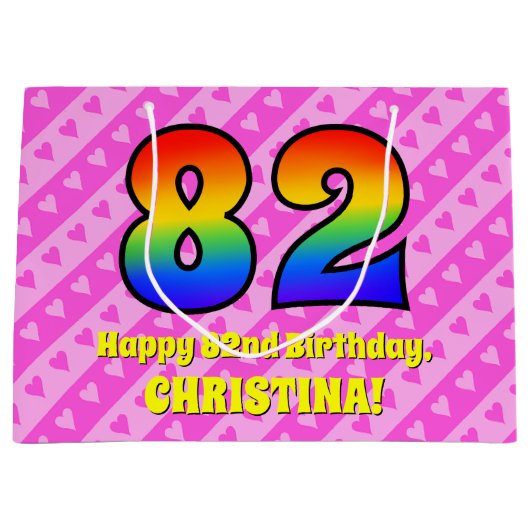 82e verjaardag: Roze strips & harten, regenboognr. Groot Cadeauzakje (Voorkant)