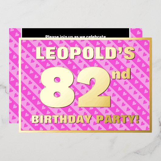 82e verjaardag - vuurroze harten en strips folie uitnodiging (Voorkant / Achterkant)