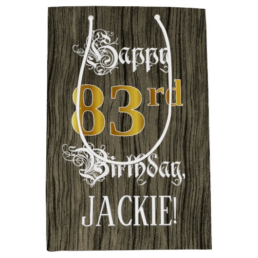 83e verjaardag: Faux Gold look & Faux Wood Pattern Medium Cadeauzakje (Voorkant)