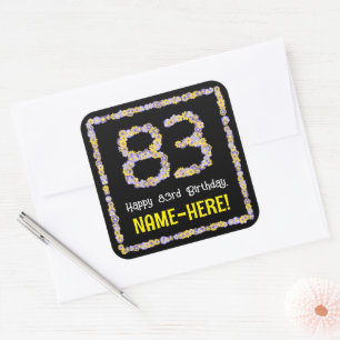 83e verjaardag: Floral Flowers Number, Custom Name Vierkante Sticker