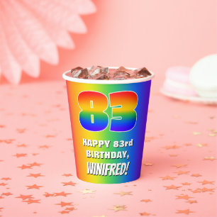 83e verjaardag: kleurrijk, vun regenboogpatroon # papieren bekers