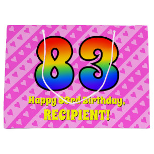 83e verjaardag: roze strips & harten, regenboognr. groot cadeauzakje