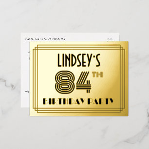 84e verjaardag: Art Deco Style "84" + Naam Folie Uitnodiging Briefkaart