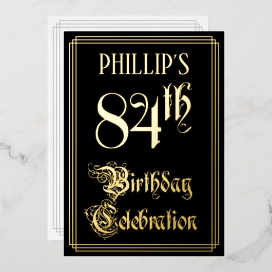 84e verjaardag — Fancy script en aangepaste naam Folie Uitnodiging (Voorkant / Achterkant)