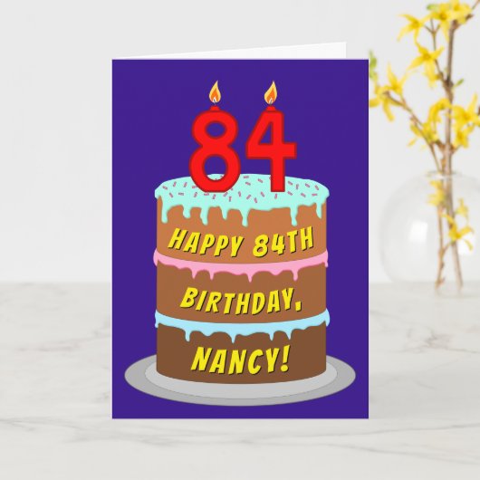 84e verjaardag: Fun Cake and Candles + Custom Name Kaart (Gele Bloem)