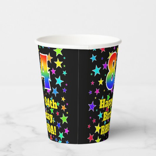 84e verjaardag: Fun Stars Pattern en Rainbow 84 Papieren Bekers (Rechts)