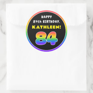 84e verjaardag: kleurrijke regenboog # 84, aangepa ronde sticker