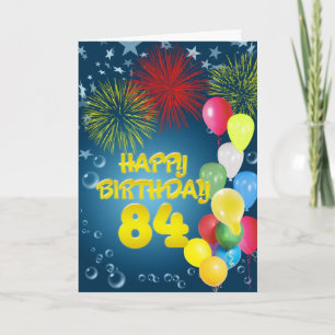 84e verjaardag met vuurwerk en ballonnen kaart