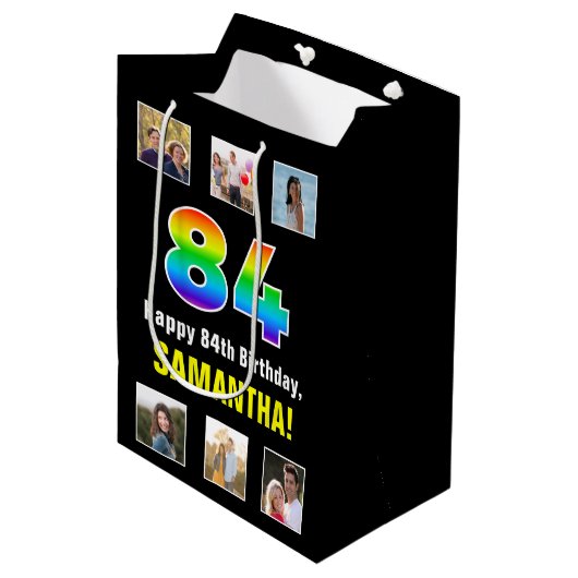 84e verjaardag: Regenboog "84", aangepaste foto's Medium Cadeauzakje (Voorkant Gekanteld)