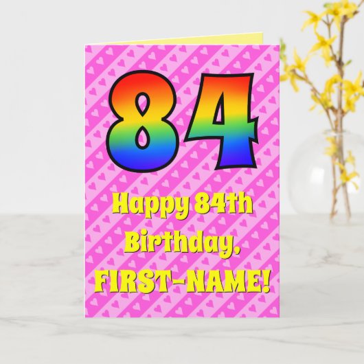84e verjaardag: roze strepen & harten, regenboog # kaart (Gele Bloem)