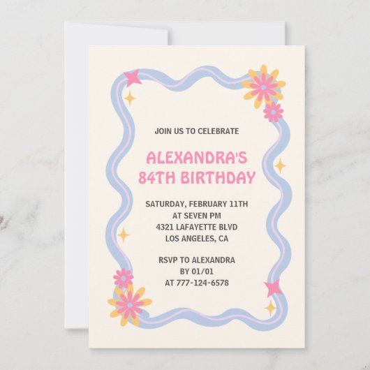 84e verjaardag uitnodiging Retro Groovy Blue (Voorkant)