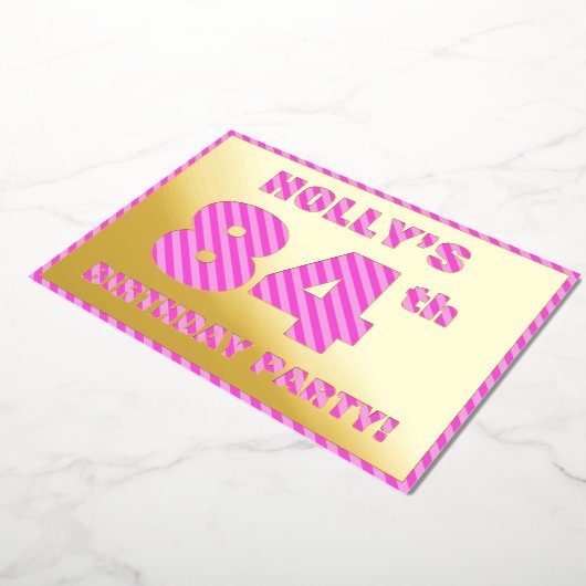 84e verjaardag — Vet, vuurtje, roze band # 84 Folie Uitnodiging (Gedraaid)