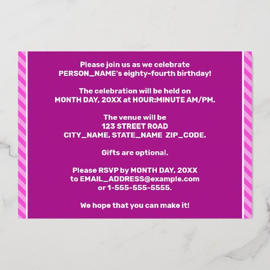 84e verjaardag — Vet, vuurtje, roze band # 84 Folie Uitnodiging (Achterkant)
