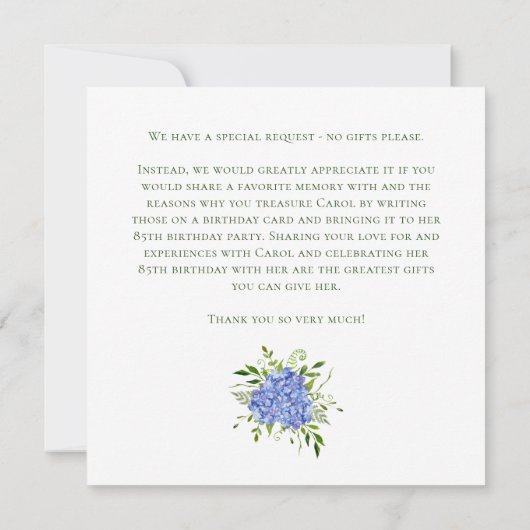 85e anniversaire Blue Hydrangeas demande de carte (Dos)