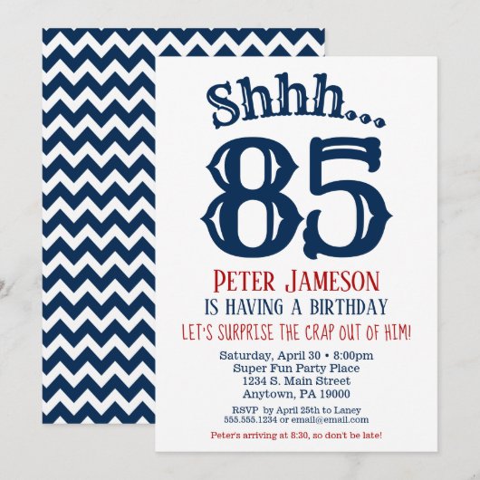 85e anniversaire surprise Invitation Homme Marine (Devant / Derrière)
