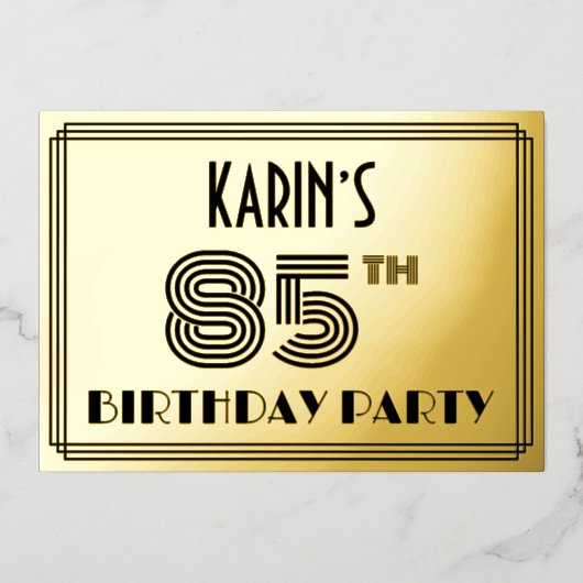 85e verjaardag — Art Deco Style "85" en naam Folie Uitnodiging (Voorkant)