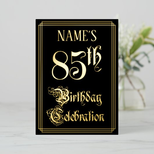 85e verjaardag — Fancy script en aangepaste naam Folie Uitnodiging (Staand Voorkant)